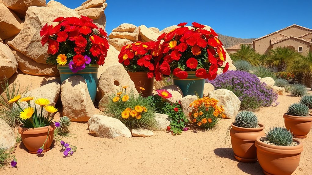 colorful containers and wildflowers
