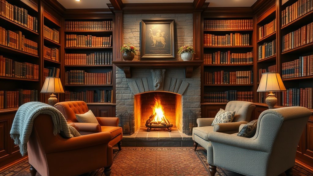 cozy warm toned library decor