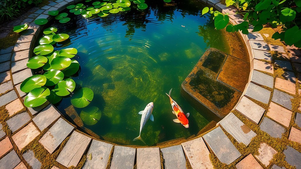 koi pond with rustic pavers