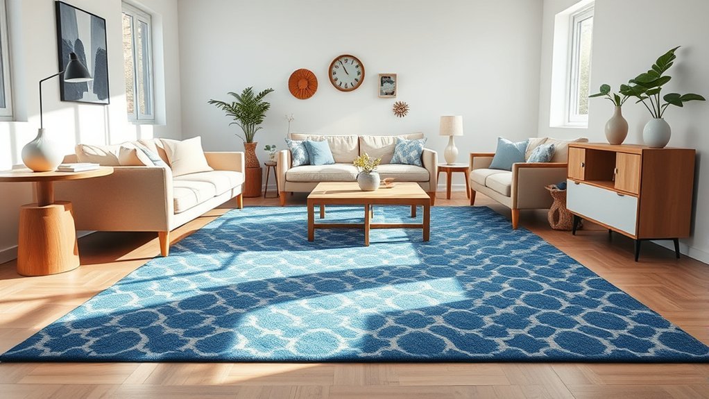 blue rugs enhance cozy decor